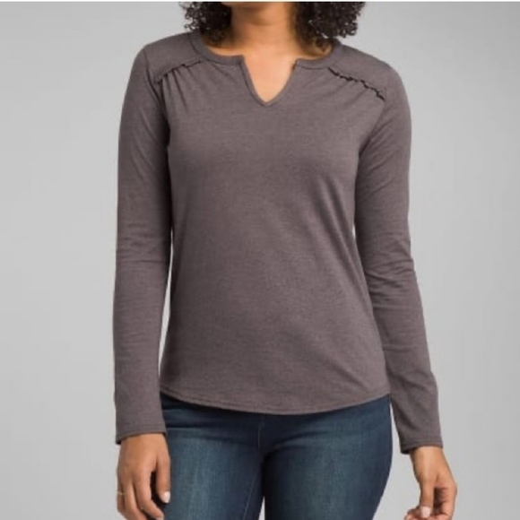 Prana Nitty Split V-Neck Ruffle Detail Long Sleeve Tee Shirt Top Size Small - Picture 1 of 7